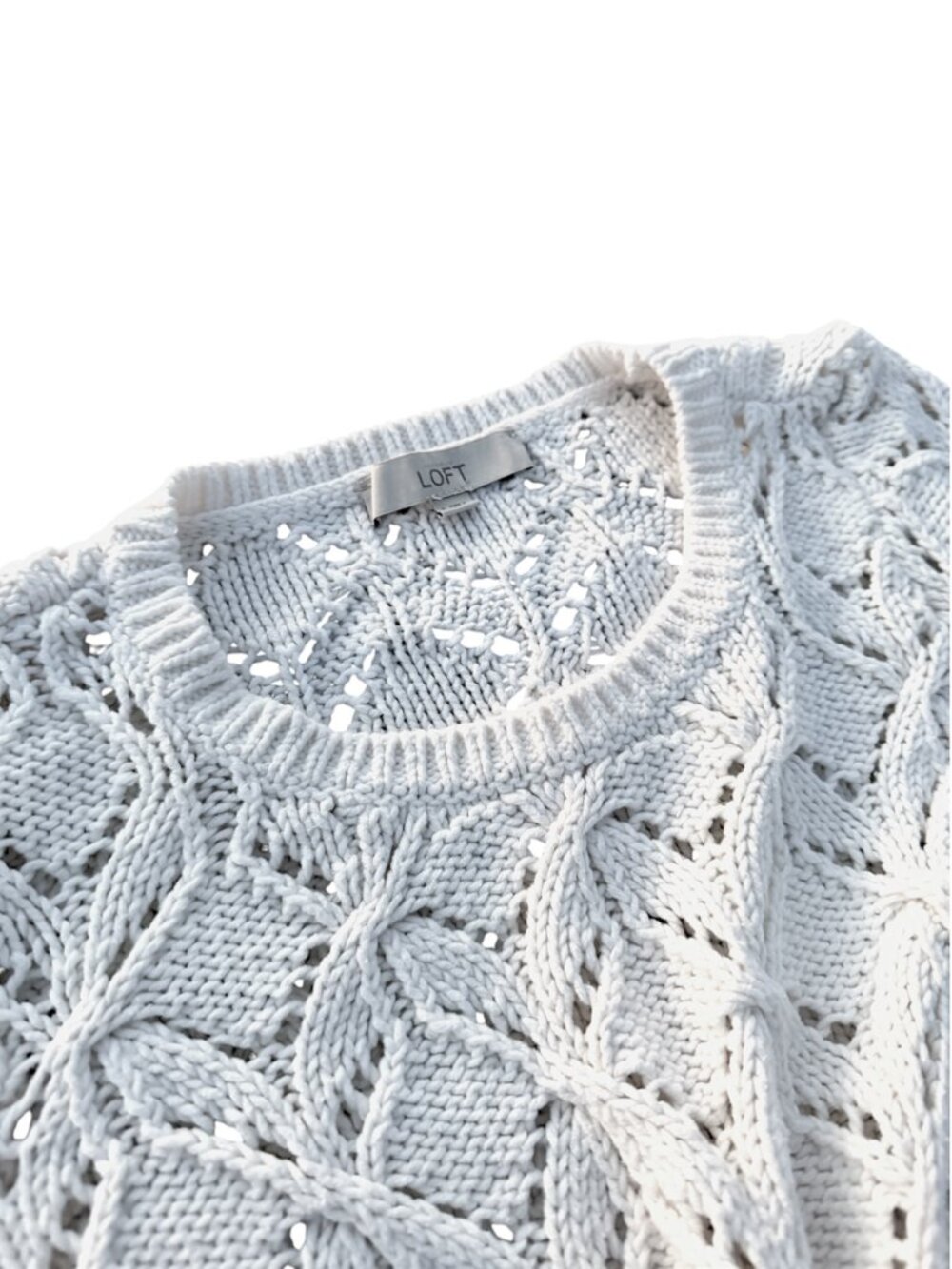 LOFT Cream Cable Knit Openwork Pointelle Sweater Off White Crew Neck - Picture 13 of 16